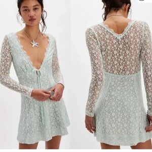 Free People Petra Lace Long Sleeve Dress in Light Green Mint S Small New